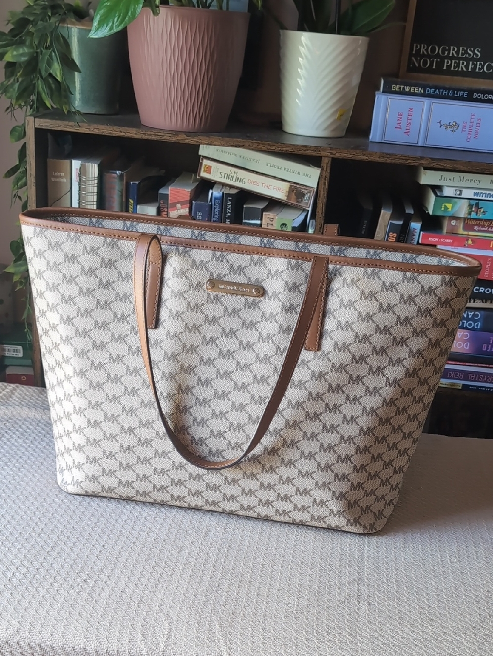 Michael Kors Large Signature Tote Bag Brown Logo Coated Canvas Purse